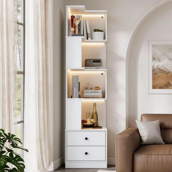 69" H Narrow Bookcase, 4-Tier L Shaped Corner Bookcase with 16-Color LED Lights & Storage Drawer – Entryway, Living Room (White) - Image 3