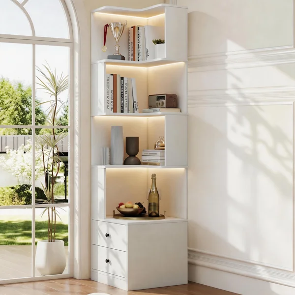 69" H Narrow Bookcase, 4-Tier L Shaped Corner Bookcase with 16-Color LED Lights & Storage Drawer – Entryway, Living Room (White)