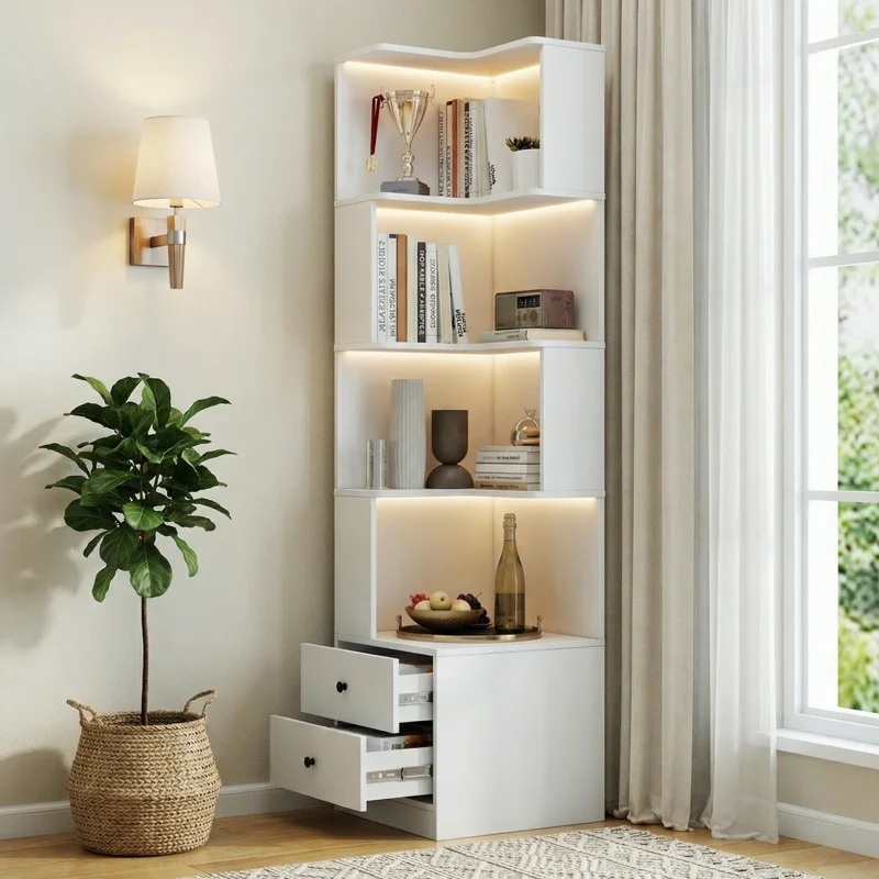 69" H Narrow Bookcase, 4-Tier L Shaped Corner Bookcase with 16-Color LED Lights & Storage Drawer – Entryway, Living Room (White) - Image 2